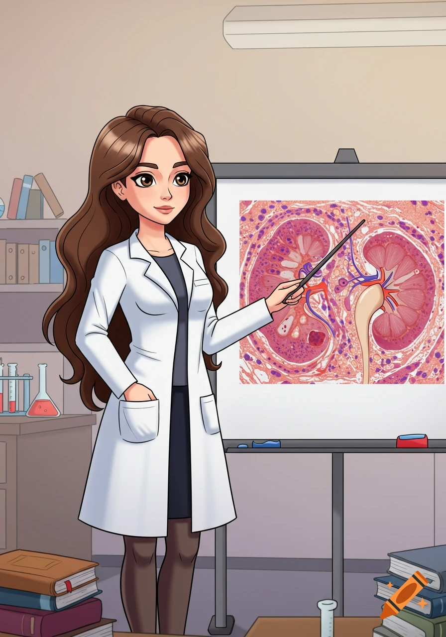 Cartoon female professor in lab coat pointing at a whiteboard displaying a microscopic kidney diagram in a lab setting.