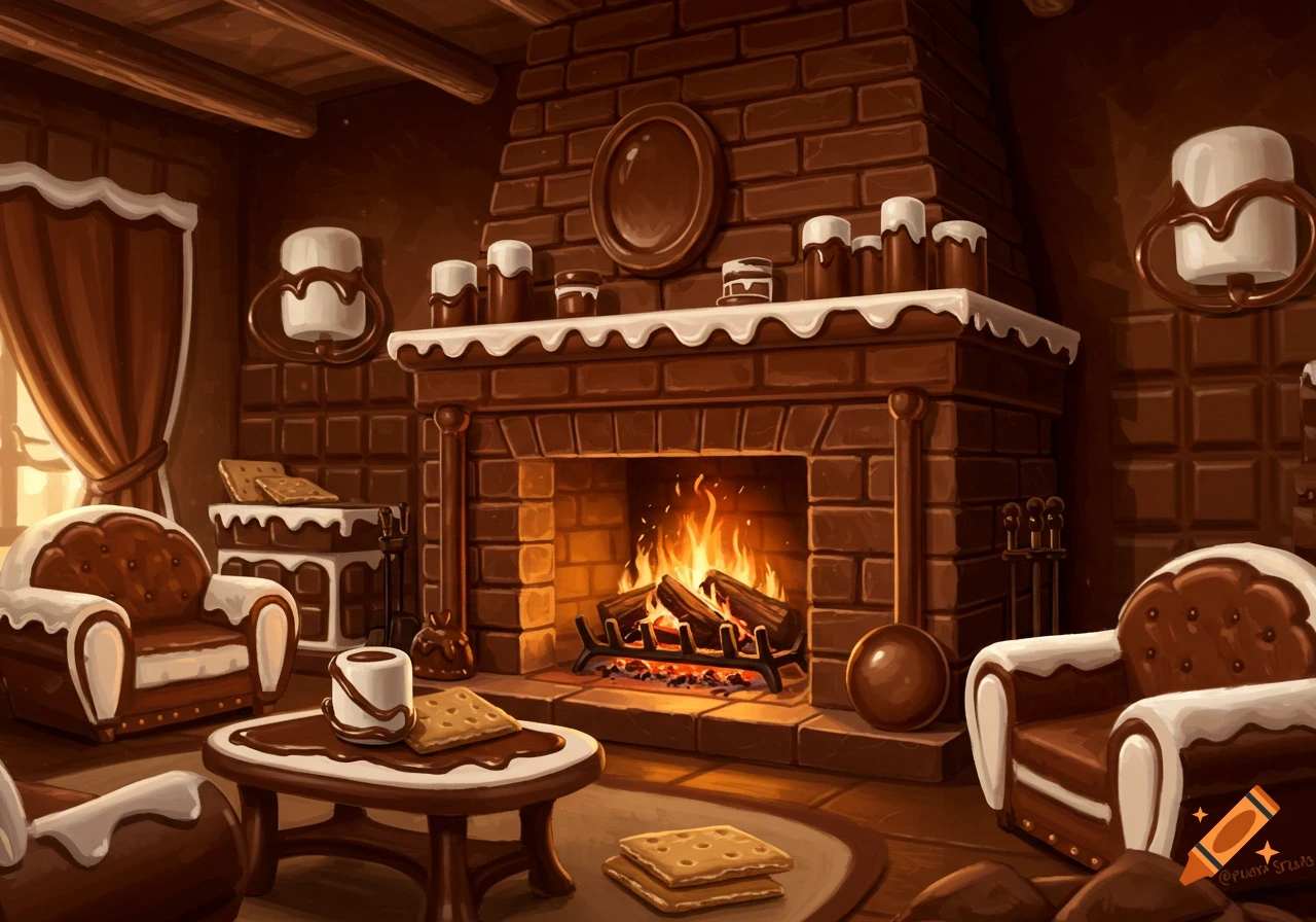 A cozy room with a brick chocolate fireplace, marshmallow-trimmed chairs, chocolate furniture, and graham crackers. Illustrative style.
