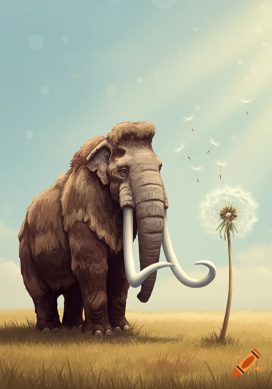 A brown, furry mammoth with large tusks stands in a grassy field next to a tall dandelion, whose seeds drift into the sky. Cartoon illustration.
