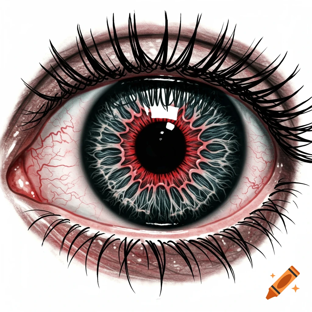 A stylized horror tattoo design of a bloodshot eye with a red and gray spiral iris and long black eyelashes.