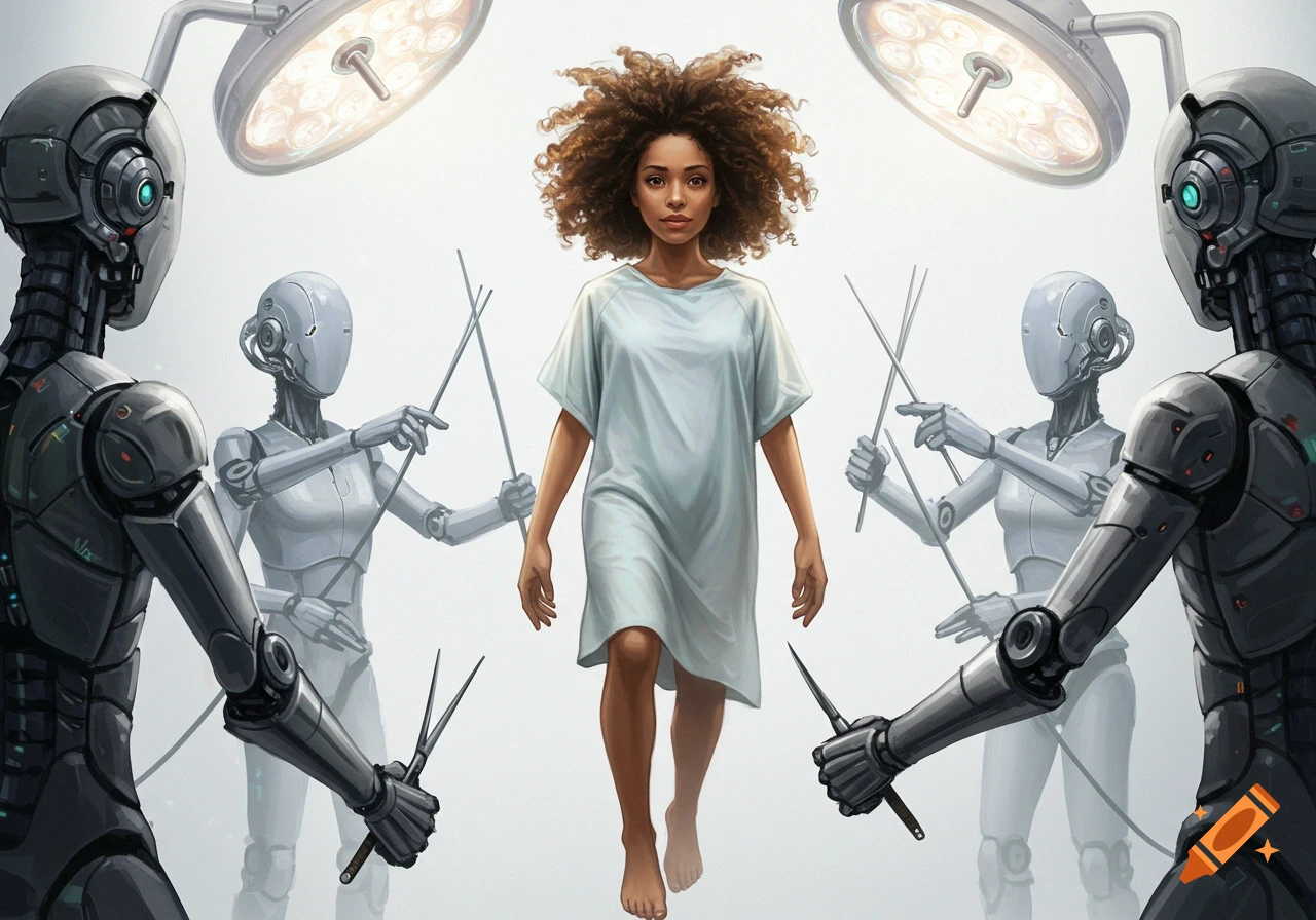 A biracial woman in a medical gown floats, surrounded by robots with instruments, under surgical lights, in a sci-fi digital art style.