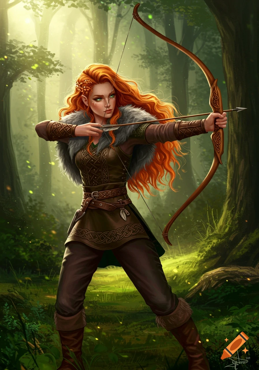 A red-haired female archer in Viking-style clothing aims a bow in a mystical forest setting, digital art.