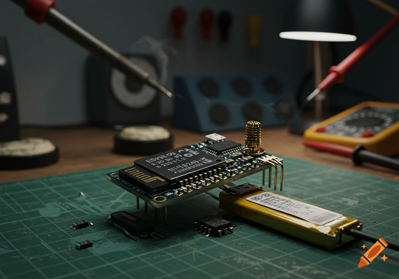 Photorealistic close-up of an electronic circuit board with an ESP32-C3 chip and LiPo battery on a green mat, with a soldering iron and multimeter in the background.