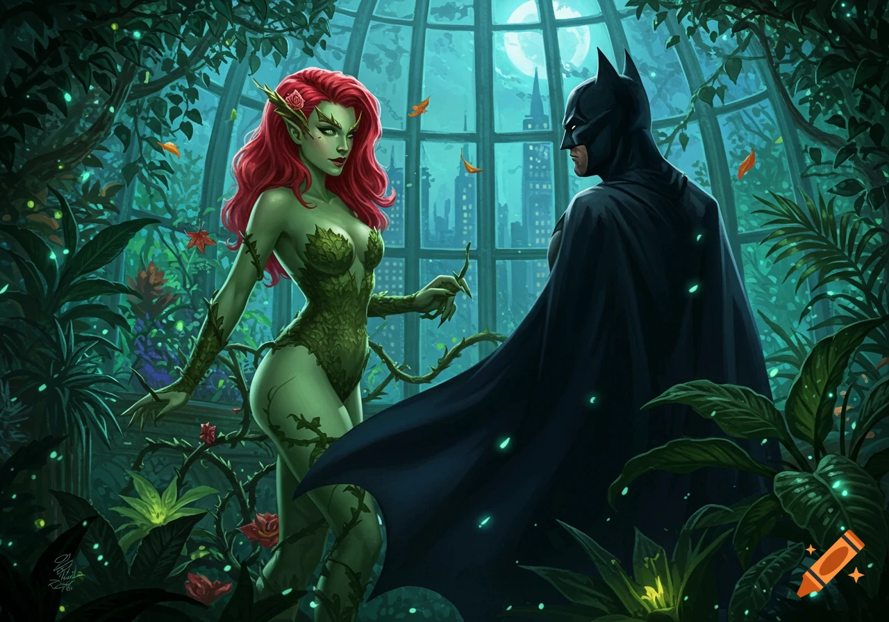 Poison Ivy in a leafy costume stands before Batman in a dark, overgrown greenhouse, with a cityscape and full moon outside.