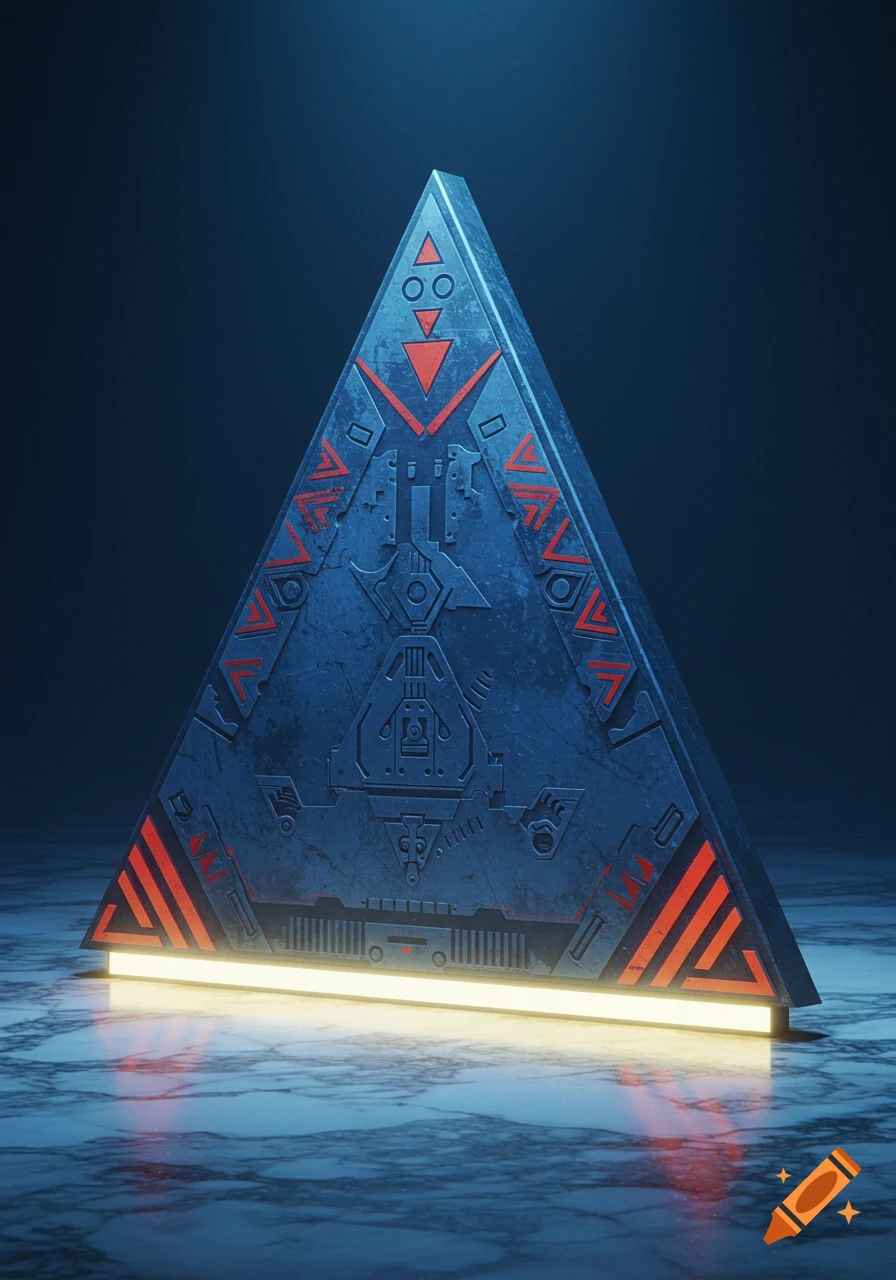 A dark, metallic, triangular object with glowing red patterns and a yellow light base, reflecting on a marble surface.