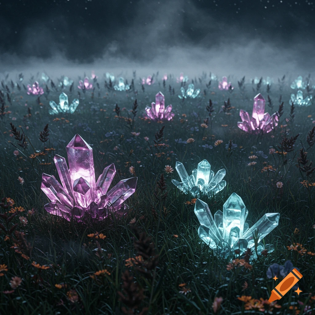 Glowing pink and blue crystals rise from a misty, dark field filled with grass and small wildflowers under a night sky.