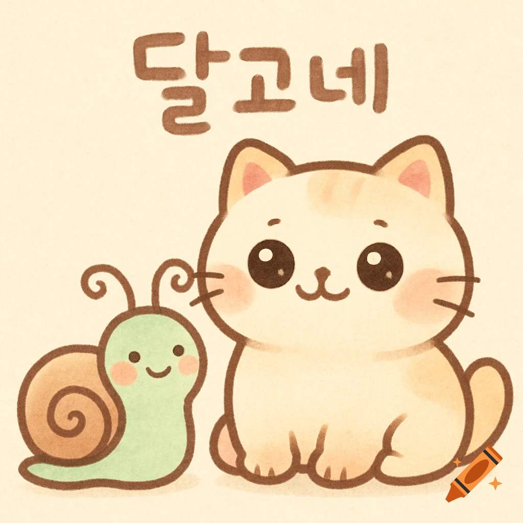 A cute cartoon illustration of a chubby, smiling cat sitting next to an adorable snail, in soft pastel colors, with the Korean text '달고네' above them.