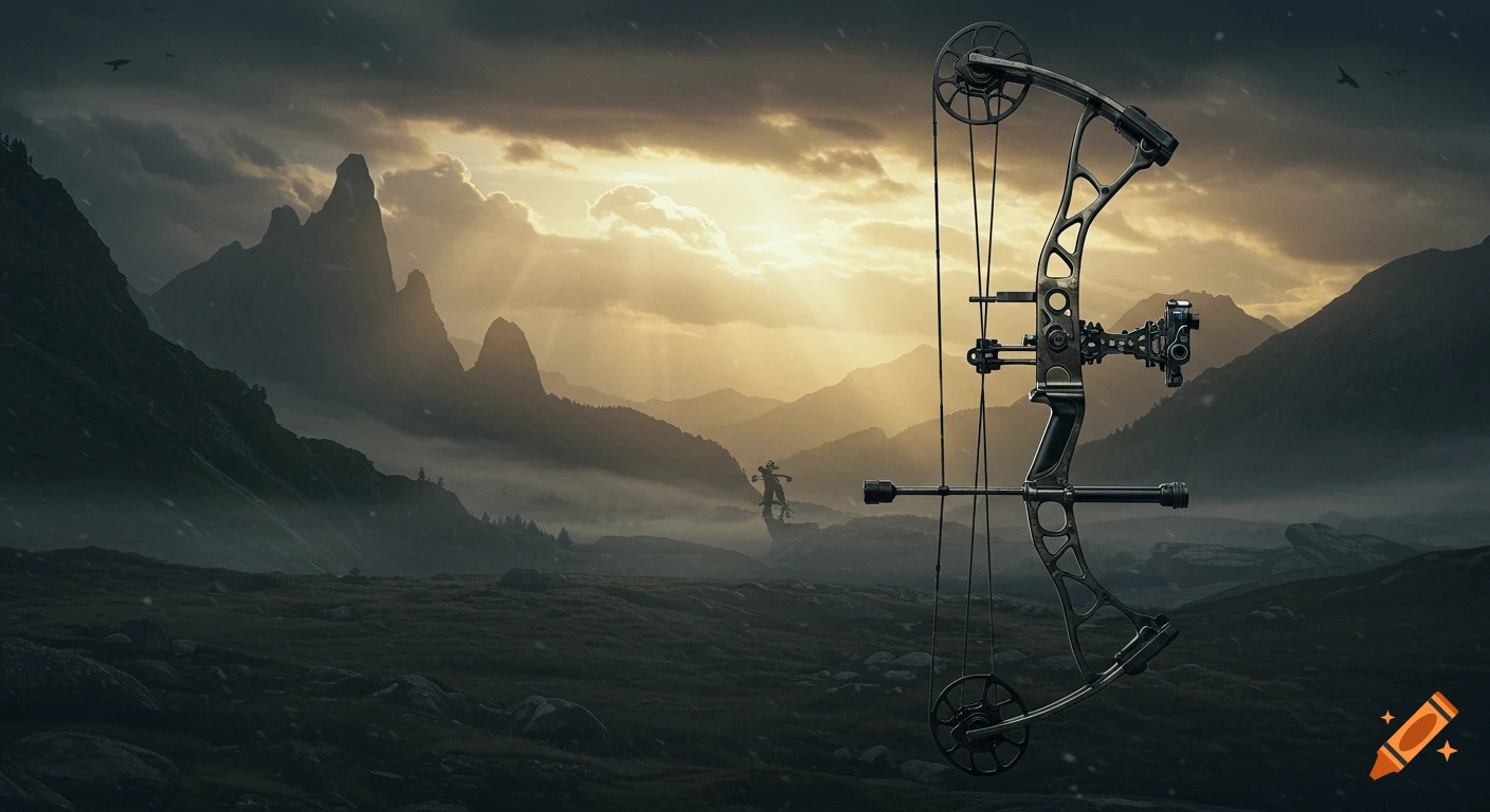 A detailed compound bow floats in the foreground against a dramatic, foggy mountain landscape at sunset.