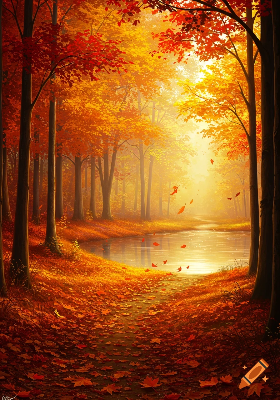 Vibrant autumn forest with a path leading to a sunlit lake surrounded by trees with red and orange leaves.