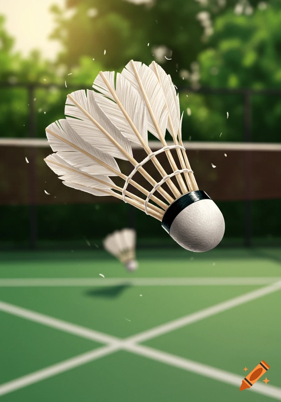Close-up of a white badminton shuttlecock floating above a green court with soft sunlight, another shuttlecock blurred in background.