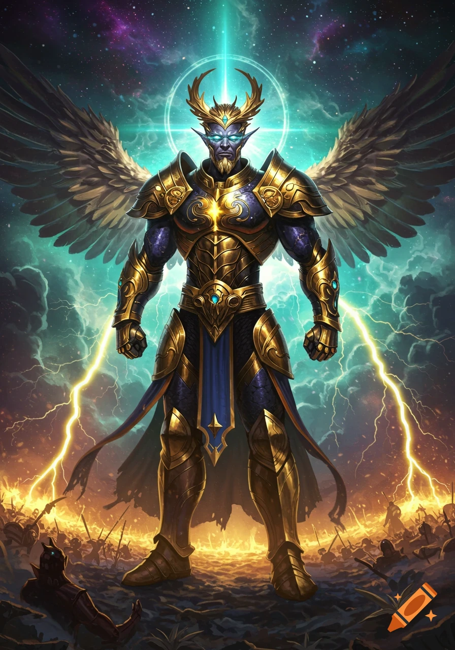 Powerful winged warrior in golden and blue armor with glowing eyes, standing on a battlefield with lightning under a cosmic sky.