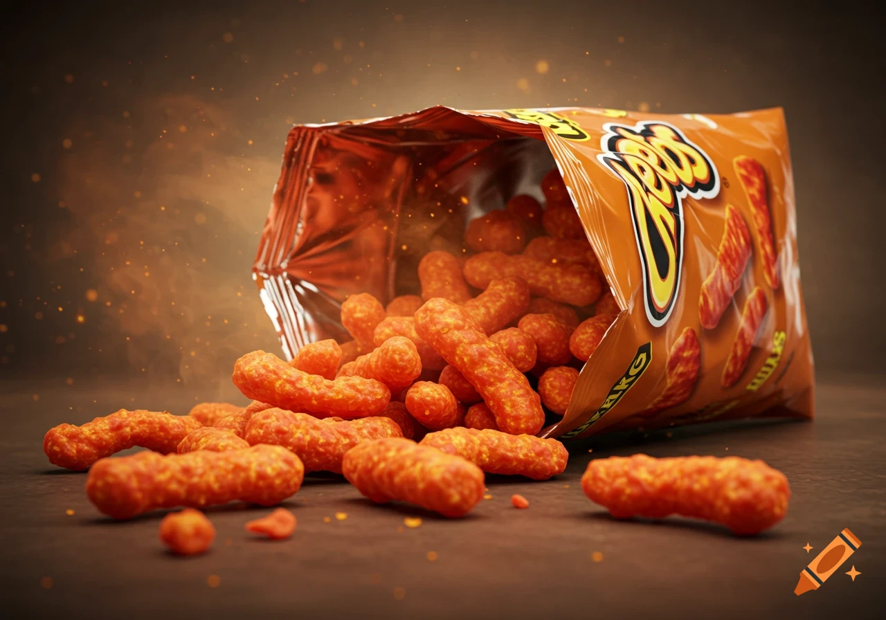 Photorealistic image of an open bag of Hot Cheetos spilling out orange cheese puffs onto a dark surface with a smoky background.