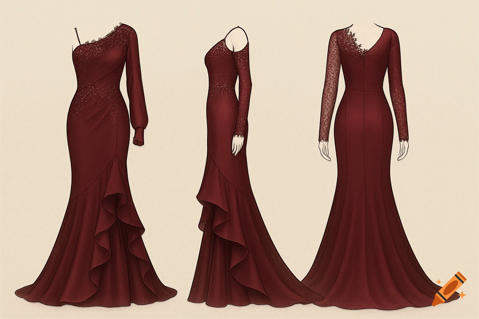 Technical illustration of a deep burgundy formal gown in front, side, and back views, with lace, ruffles, and an asymmetric one-shoulder.