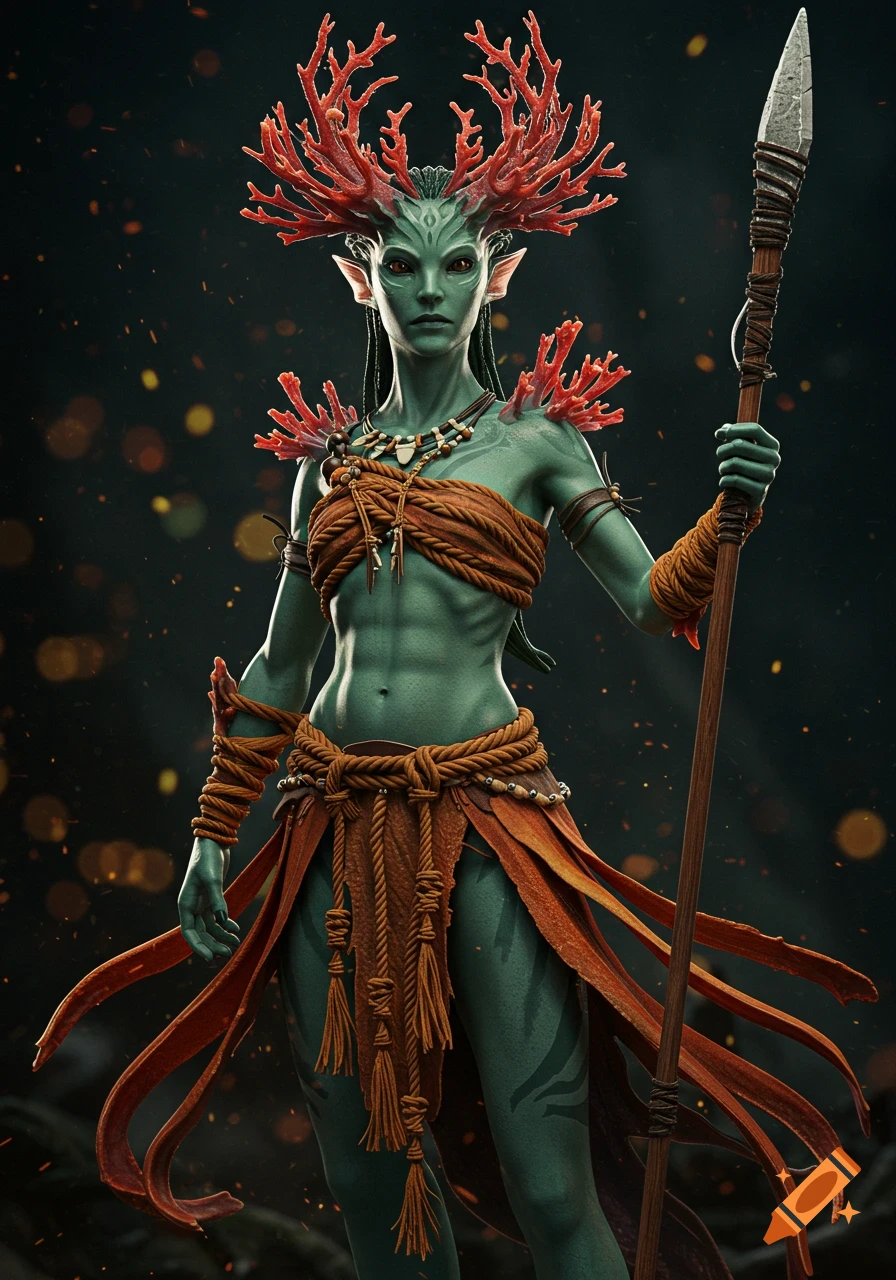 A hyper-detailed fantasy portrait of an otherworldly female warrior with sea-green skin, coral-like horns, and tribal attire, holding a spear.