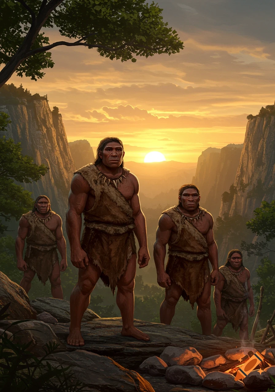A group of muscular Neanderthals in fur wraps stand on a rocky outcrop, overlooking a mountain valley at sunset, with a small campfire.