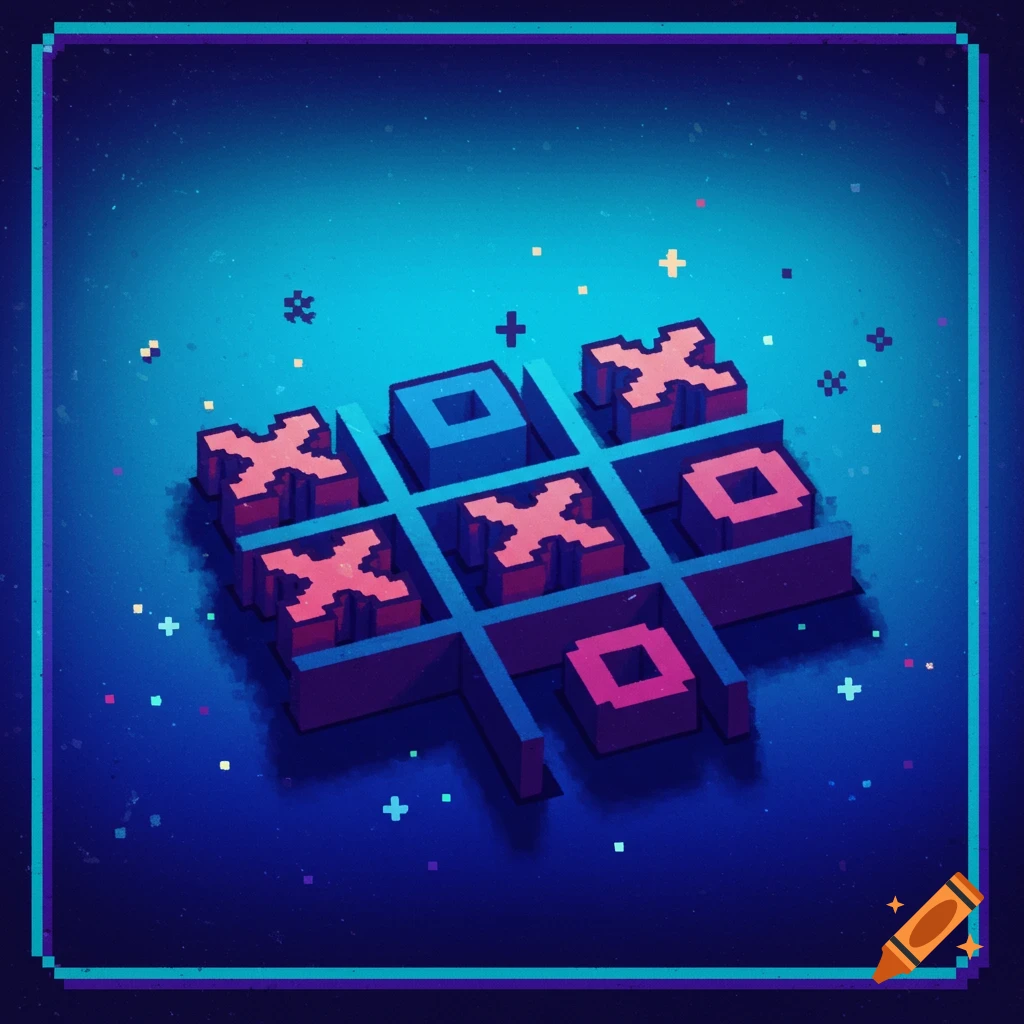 An 8-bit style tic-tac-toe game board with red X pieces and blue O pieces against a dark blue pixelated background.