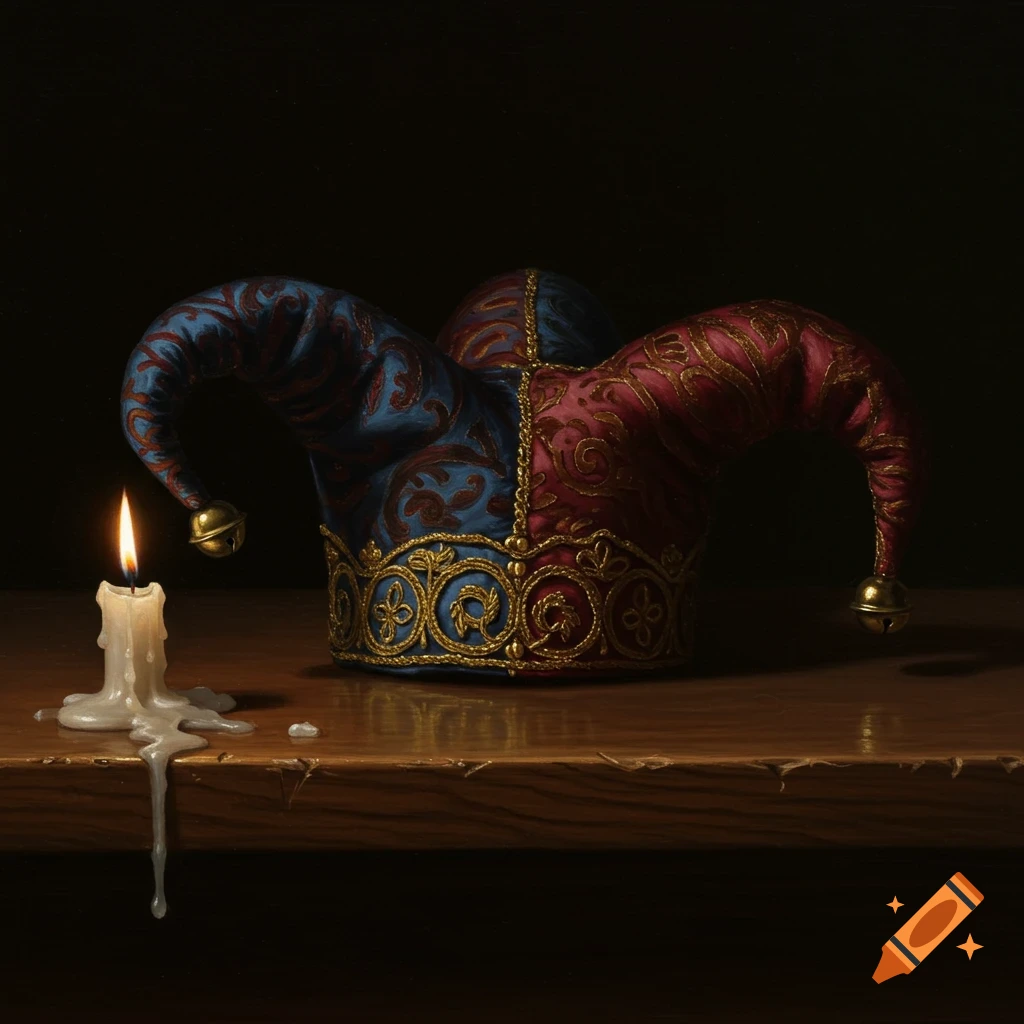 A dark oil painting of a blue and red jester's hat with gold trim next to a melting white candle on a wooden table.