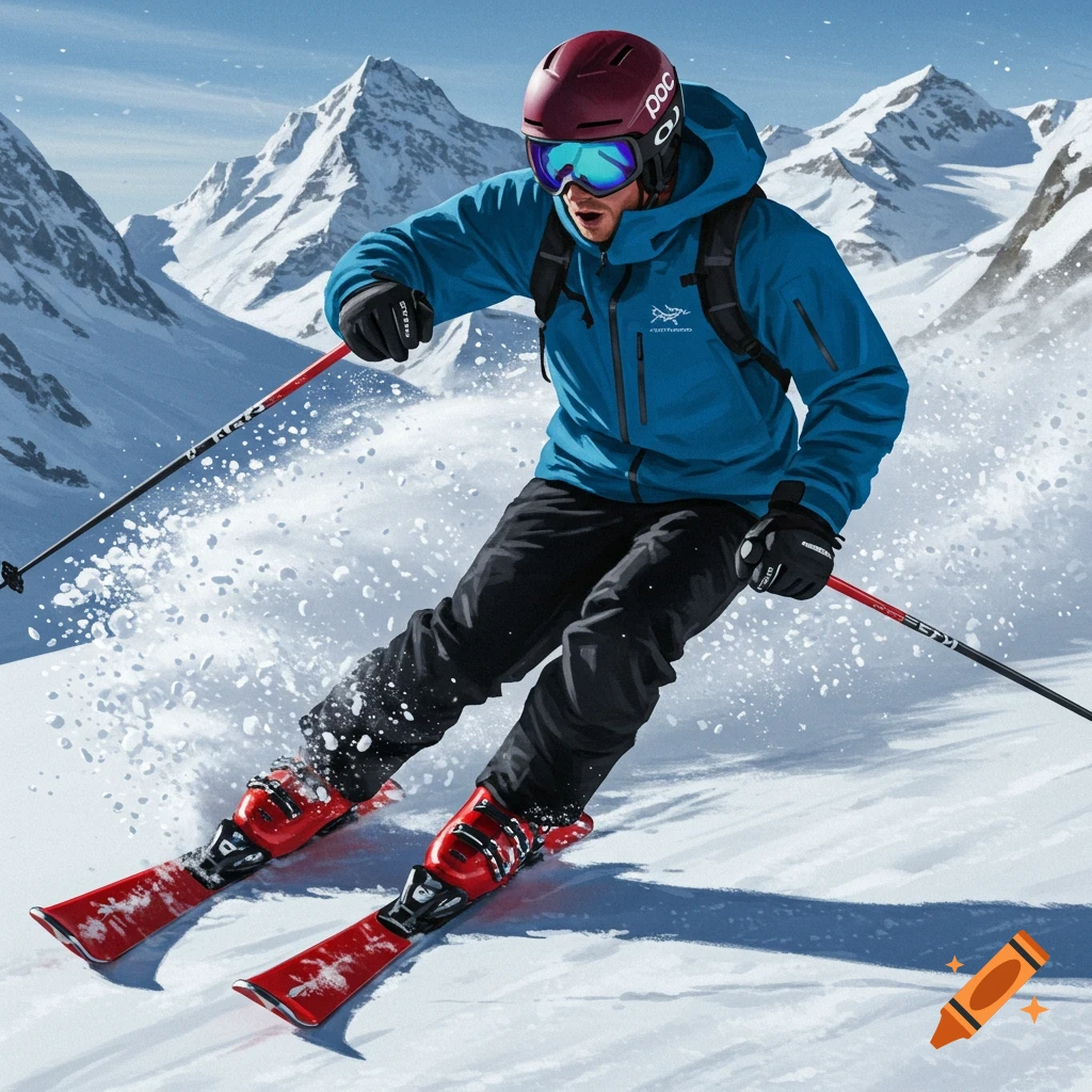 A photorealistic image of a skier in a blue jacket, black pants, red skis, and a burgundy helmet, skiing down a snowy mountain with snow spraying.