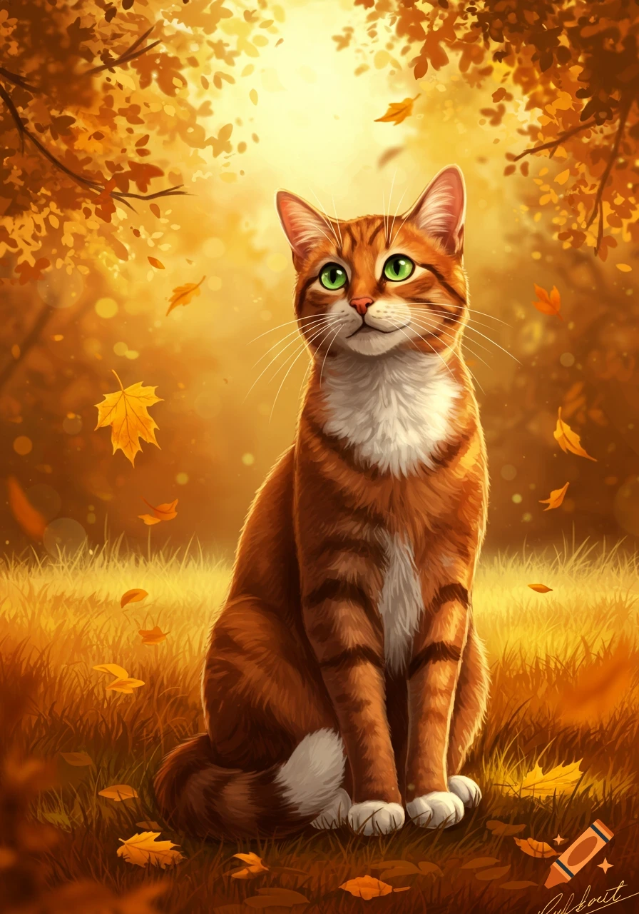 An orange tabby cat with green eyes sits in a golden autumn forest with fallen leaves, in an illustrative style.