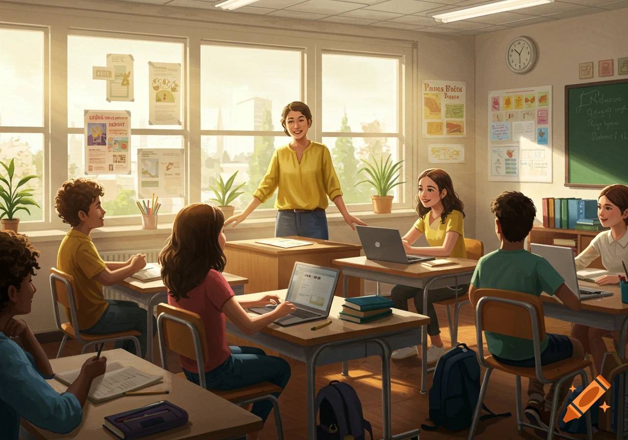 A diverse group of elementary school children in a sunlit classroom, with a smiling teacher standing at the front. Students are seated at desks, some working on laptops.