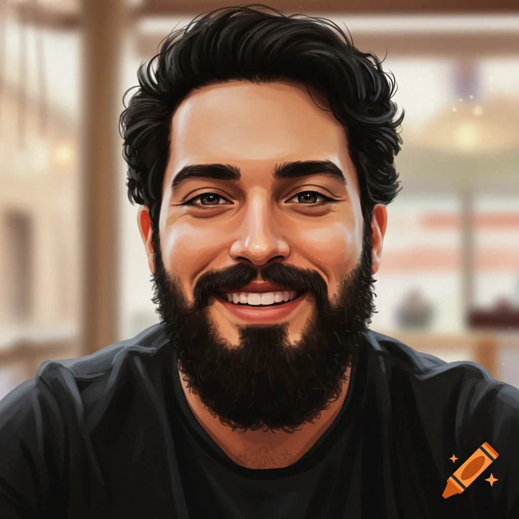 Cartoon portrait of a smiling man with black curly hair and a full black beard.