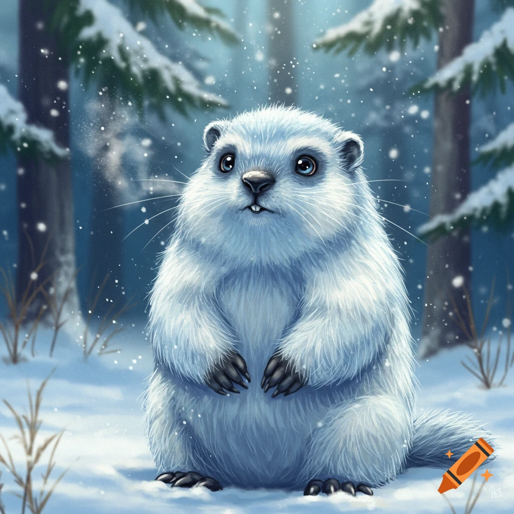 A cute, fluffy white marmot stands in a snowy forest with snowflakes falling, digital illustration.