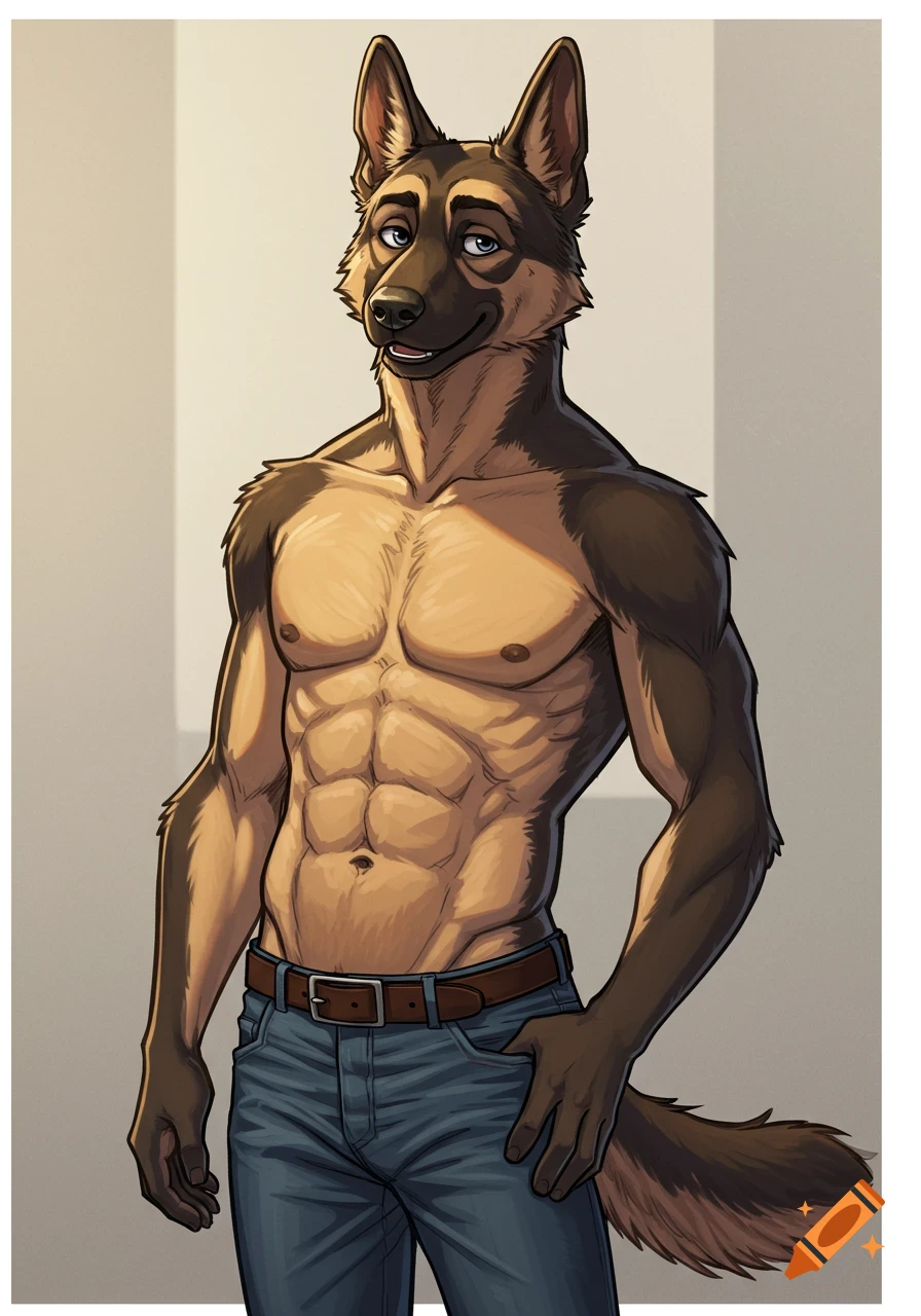 An illustration of a shirtless anthropomorphic German Shepherd in jeans and a belt, smiling and looking at the viewer.