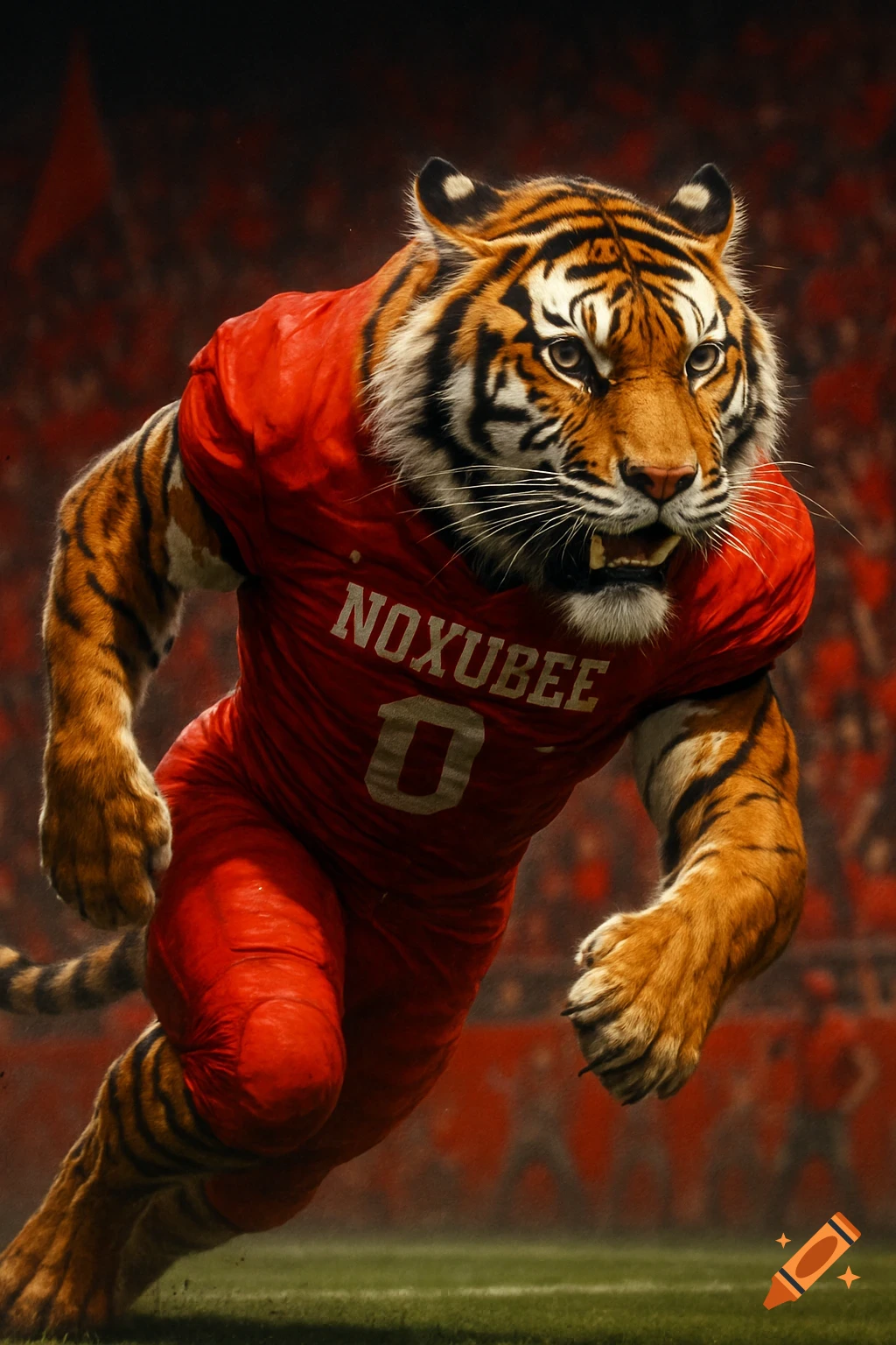 A photorealistic tiger in a red football uniform with 'NOXUBEE 0' running on a field in a stadium.