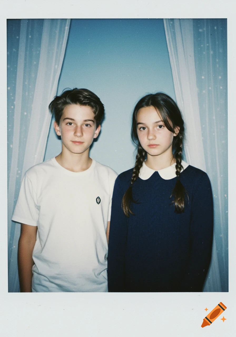 Polaroid photo of a boy in a white t-shirt smiling, standing next to a serious-looking girl with braided hair in a blue sweater. They are in front of white curtains and a blue wall.