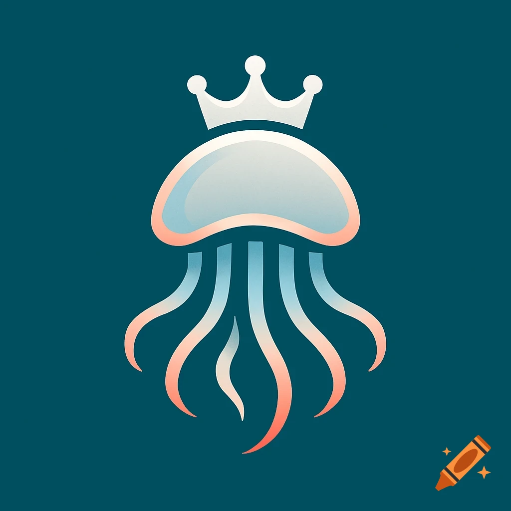 A stylized illustration of a jellyfish wearing a white crown, with a light blue and pinkish-orange body and tentacles, on a dark teal background.