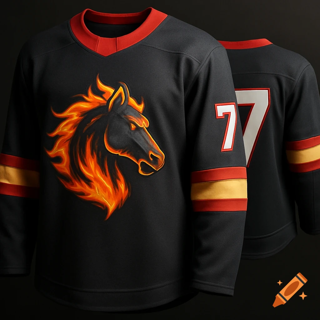 A black hockey jersey featuring a fiery horse head logo on the front, red collar, and the number 7 on the back.