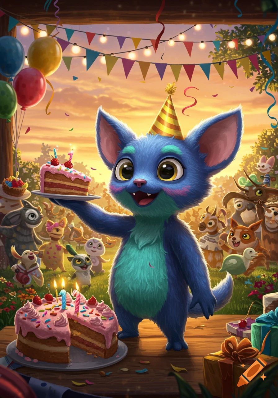 A happy blue furry creature in a party hat holds a cake slice at a vibrant birthday party with whimsical creatures and colorful decorations.