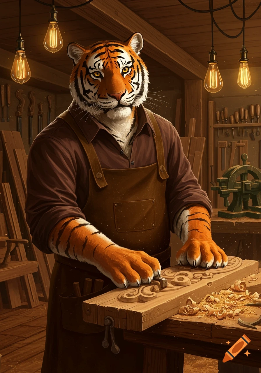 A detailed anthropomorphic tiger in a brown apron carving wood in a rustic workshop, illuminated by hanging Edison bulbs.