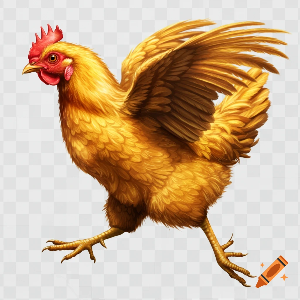 A detailed illustration of a golden-feathered chicken with a red comb, running with wings slightly spread.