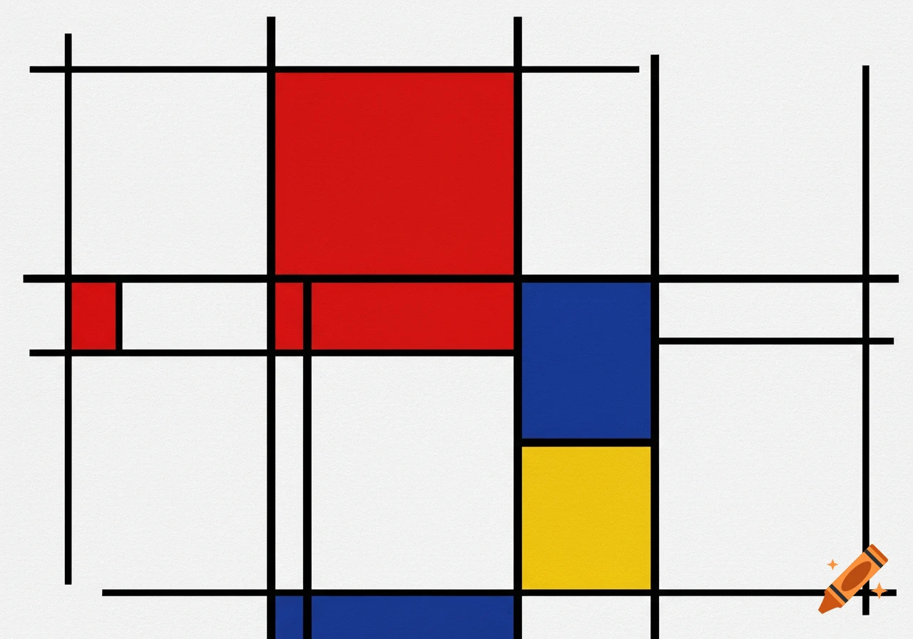 Abstract grid of black lines on a white background, forming red, blue, and yellow rectangles, in the style of Piet Mondrian.