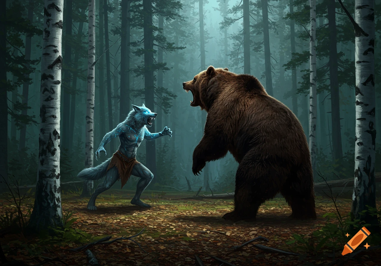 A glowing blue wolf-like creature confronts a roaring grizzly bear in a misty forest with birch trees.