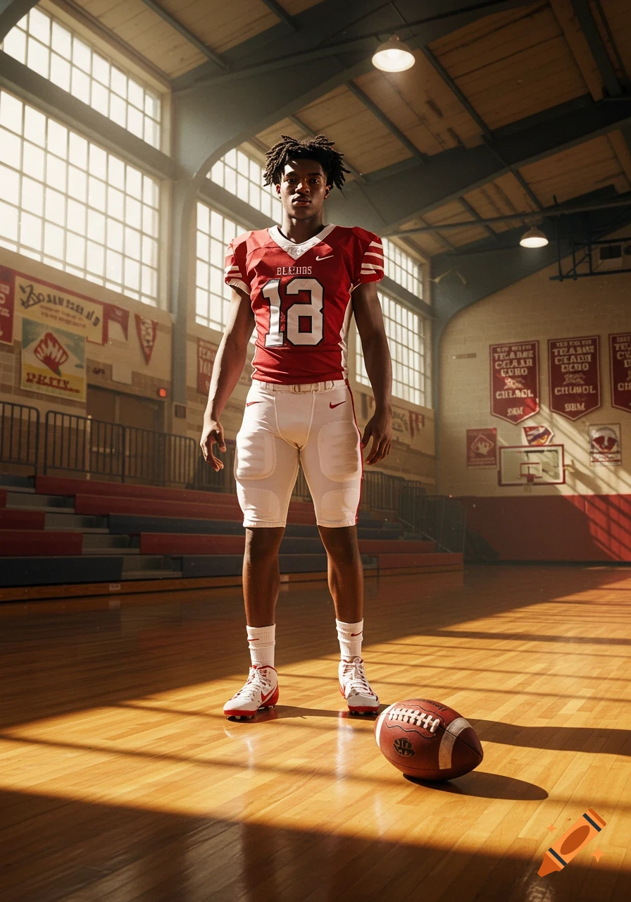 A young male football player in a red jersey with number 18 and white pants stands in a sunlit school gymnasium.