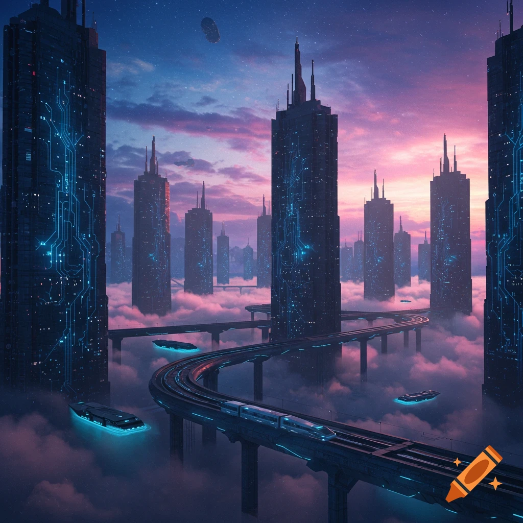 A vibrant futuristic cityscape with glowing skyscrapers enveloped in clouds, an elevated train, and flying vehicles under a dramatic pink and purple sky.