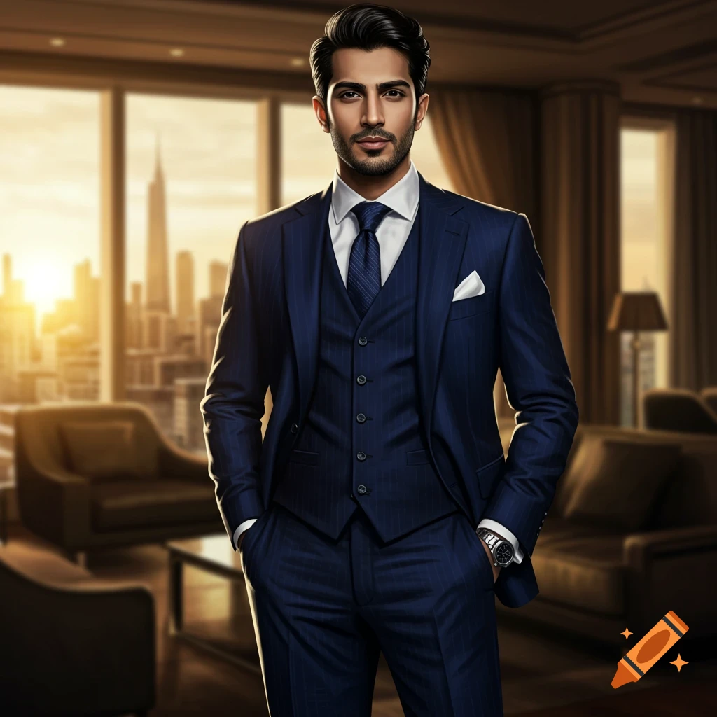 A handsome man in a dark blue three-piece pinstripe suit stands in a luxurious room overlooking a city skyline at sunset.