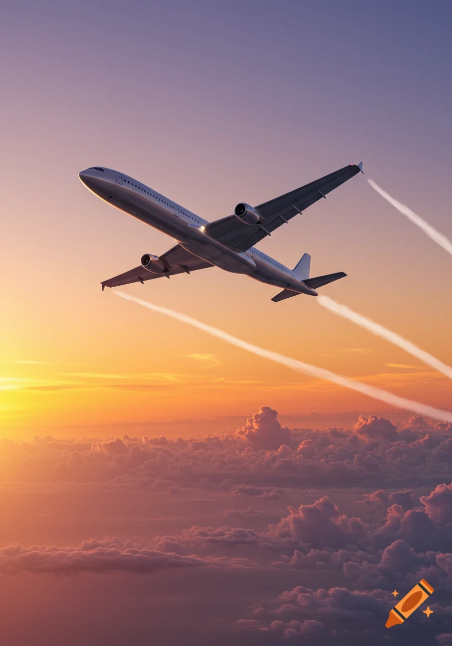 A photorealistic image of a silver airplane flying above clouds during a colorful sunset, leaving contrails.