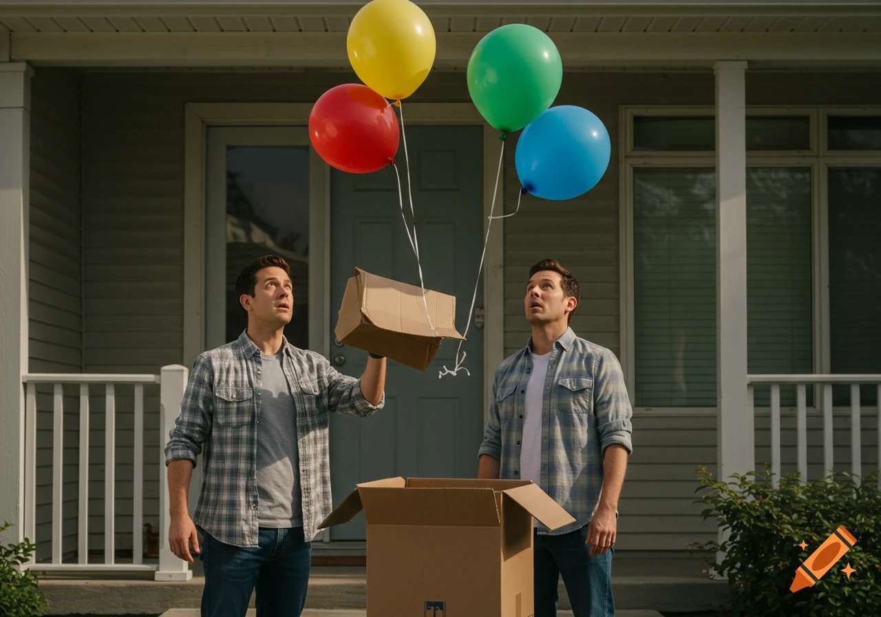 Two identical men in flannel shirts react with surprise as colorful helium balloons float out of an open cardboard box in front of a suburban house.