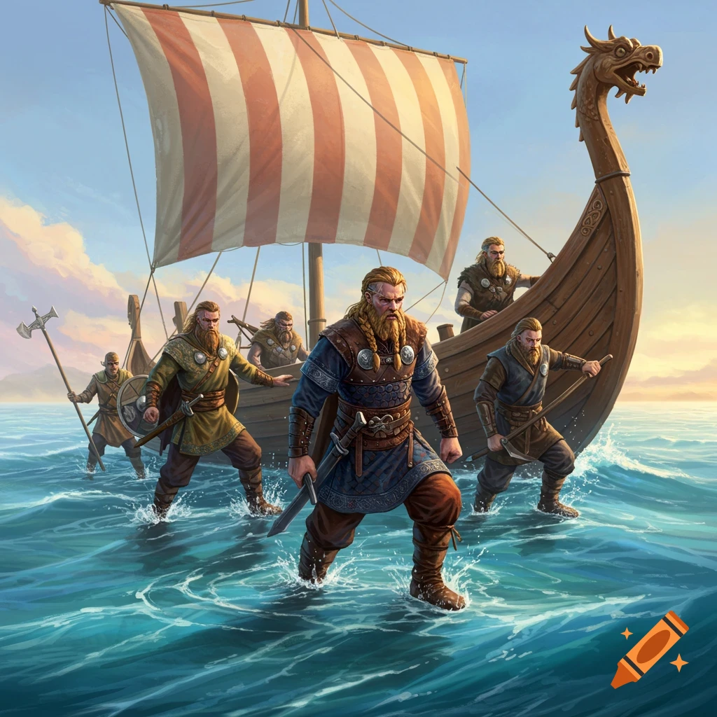 A group of muscular, bearded Vikings stride across choppy blue water next to their longship with a dragon-head prow and striped sail under a bright sky.