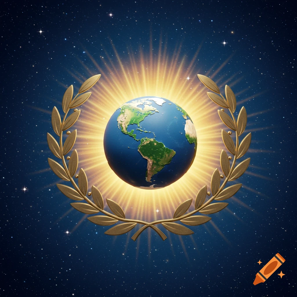 A glowing Earth globe encircled by a golden laurel wreath, against a dark blue starry space background.