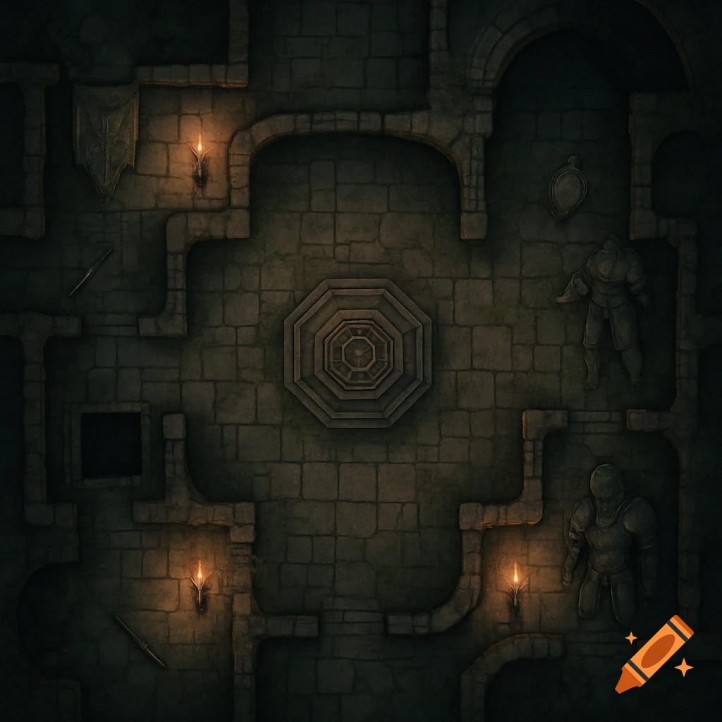 Top-down fantasy dungeon battle map with stone walls, a central octagonal structure, torches, shields, and armored figures.
