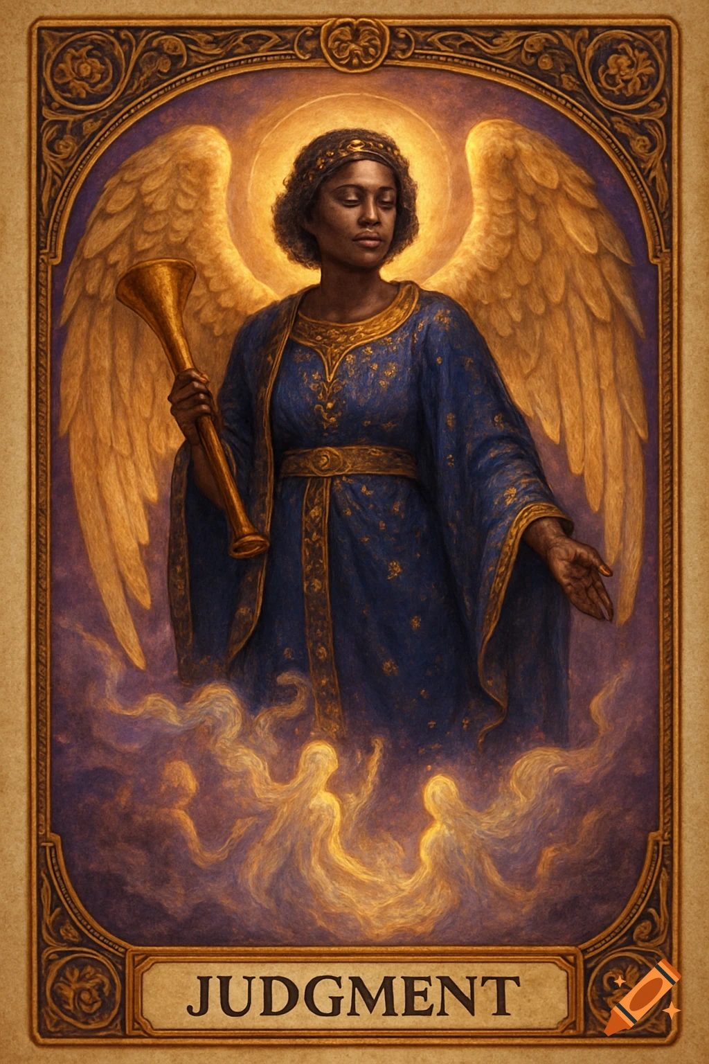 A tarot card depicting an angelic Black woman with golden wings, holding a trumpet, above ethereal figures, framed as "JUDGMENT".