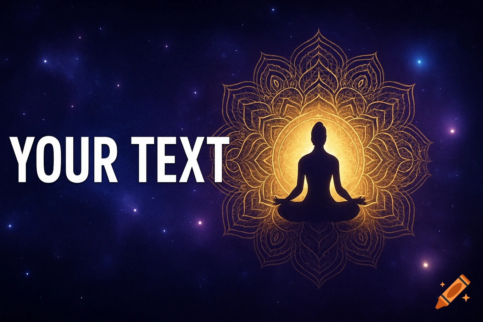 Meditating silhouette in a glowing golden mandala against a starry galaxy, with 'YOUR TEXT' on the left.