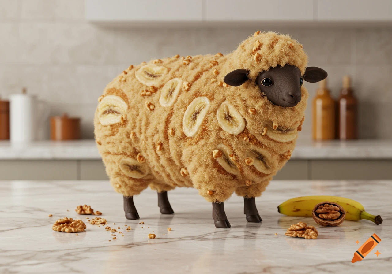 Photorealistic sheep made of banana bread, adorned with banana slices and walnuts, on a kitchen marble counter.