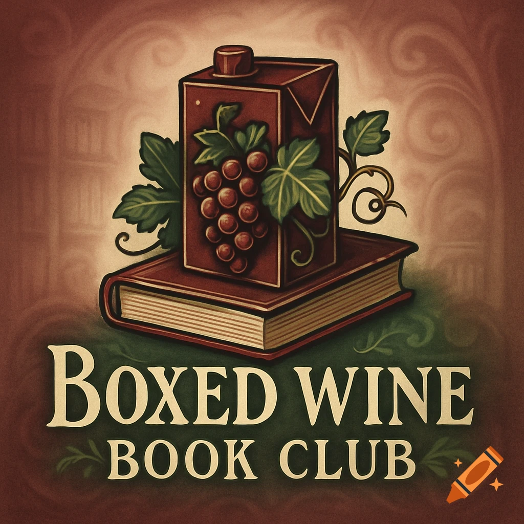 A rustic logo illustration for the 'Boxed Wine Book Club,' featuring a brown boxed wine carton adorned with grapes and leaves, resting on a closed book.