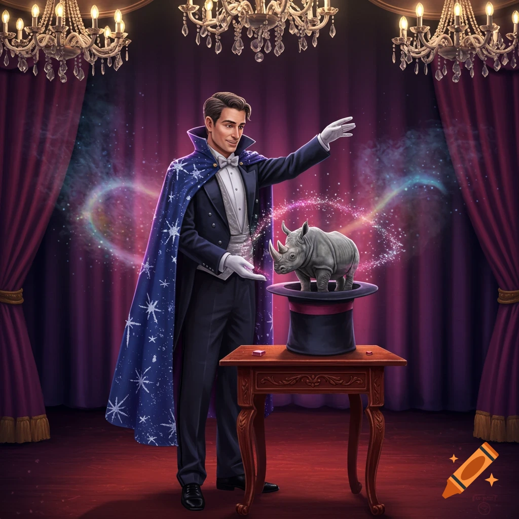 A magician in a tuxedo and starry blue cape pulls a tiny rhino from a top hat on a stage with purple curtains and chandeliers, surrounded by sparkling magic.