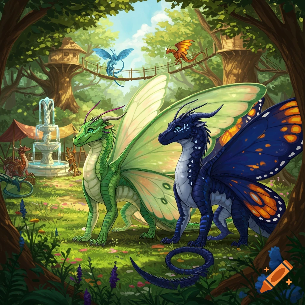Two butterfly-winged dragons, one green and one blue, in a forest clearing with a fountain, market stalls, and treehouses.